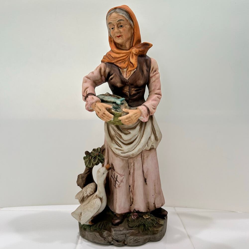 Vintage UCGC Old Peasant Woman Figurine with Goose & Basket of Fish Taiwan